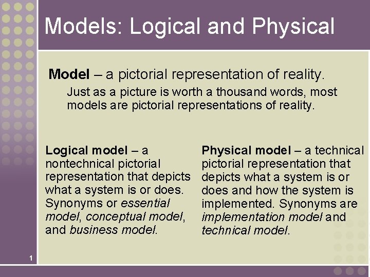 Models: Logical and Physical Model – a pictorial representation of reality. Just as a