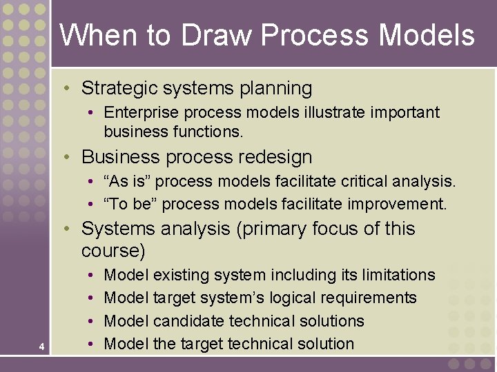 When to Draw Process Models • Strategic systems planning • Enterprise process models illustrate
