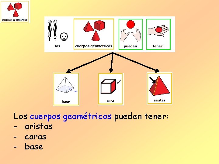 Los cuerpos geométricos pueden tener: - aristas - caras - base 