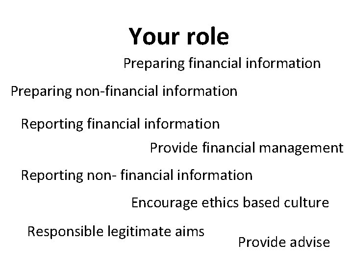 Your role Preparing financial information Preparing non-financial information Reporting financial information Provide financial management