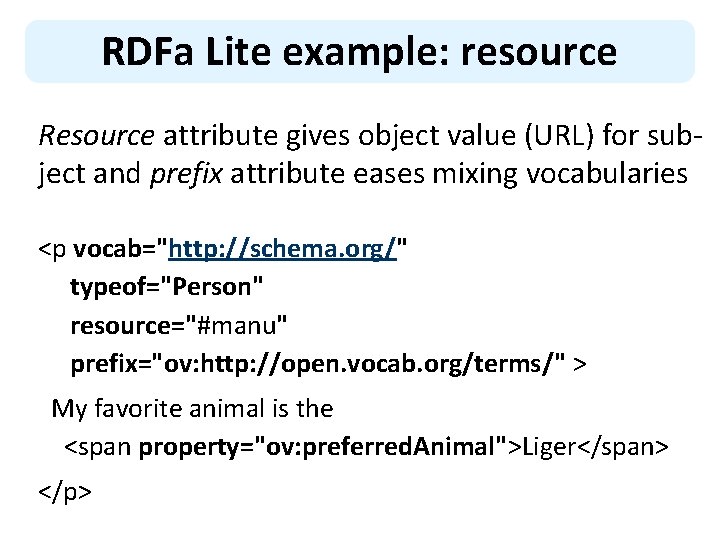 RDFa Lite example: resource Resource attribute gives object value (URL) for subject and prefix