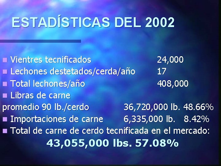 ESTADÍSTICAS DEL 2002 Vientres tecnificados 24, 000 n Lechones destetados/cerda/año 17 n Total lechones/año