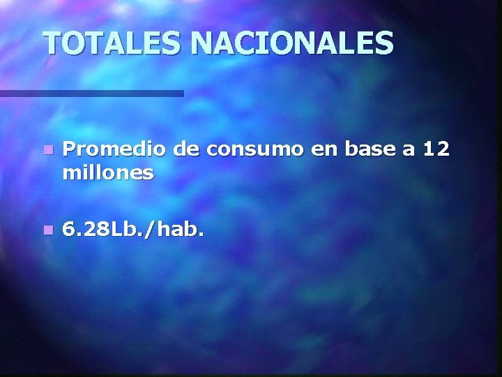 TOTALES NACIONALES n Promedio de consumo en base a 12 millones n 6. 28