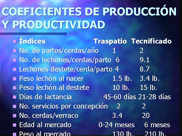 COEFICIENTES DE PRODUCCIÓN Y PRODUCTIVIDAD n n n n n Índices Traspatio Tecnificado No.