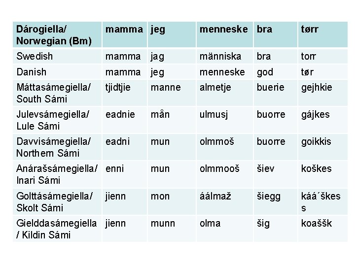 Dárogiella/ Norwegian (Bm) mamma jeg menneske bra tørr Swedish mamma jag människa bra torr