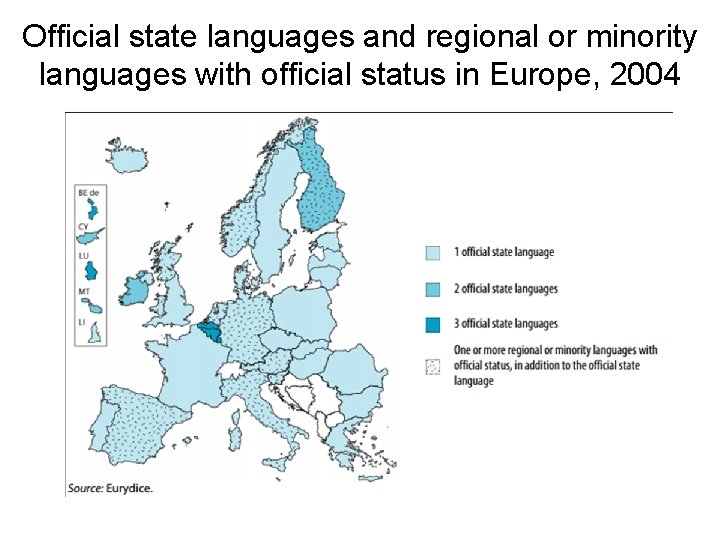 Official state languages and regional or minority languages with official status in Europe, 2004