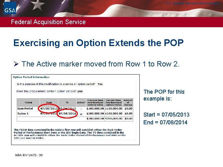 U. S. General Services Administration Federal Acquisition Service Exercising an Option Extends the POP U. S. General Services Administration Federal Acquisition Service Exercising an Option Extends the POP