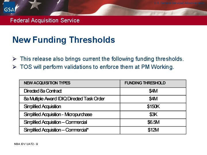 U. S. General Services Administration Federal Acquisition Service New Funding Thresholds Ø This release U. S. General Services Administration Federal Acquisition Service New Funding Thresholds Ø This release