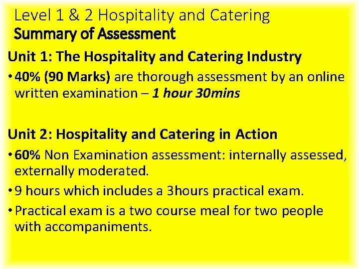 Level 1 & 2 Hospitality and Catering Summary of Assessment Unit 1: The Hospitality