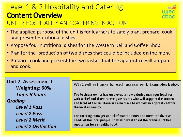 Level 1 & 2 Hospitality and Catering Content Overview UNIT 2 HOSPITALITY AND CATERING
