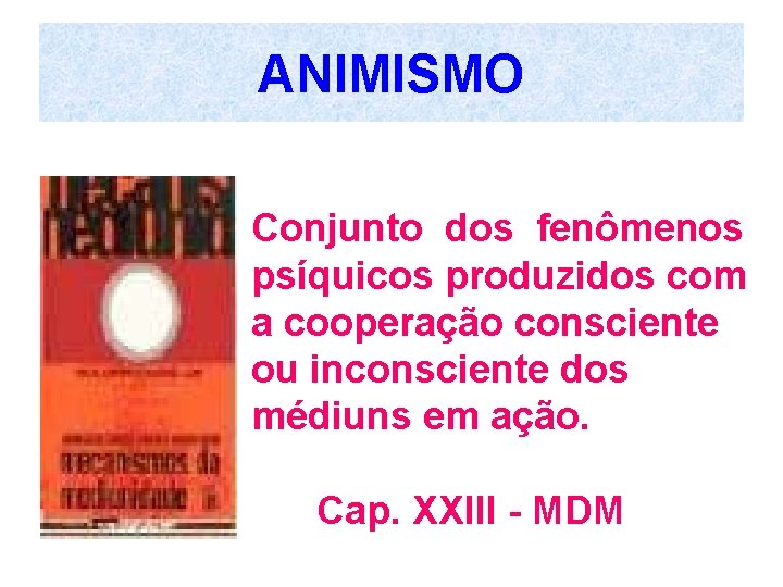ANIMISMO Conjunto dos fenômenos psíquicos produzidos com a cooperação consciente ou inconsciente dos médiuns