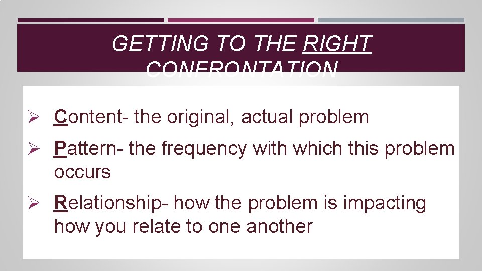 GETTING TO THE RIGHT CONFRONTATION Ø Content- the original, actual problem Ø Pattern- the GETTING TO THE RIGHT CONFRONTATION Ø Content- the original, actual problem Ø Pattern- the