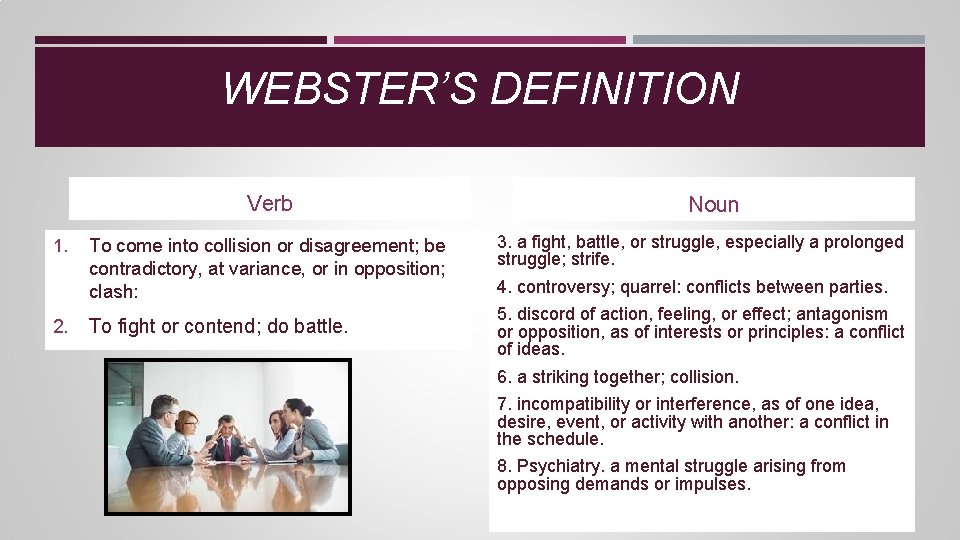 WEBSTER’S DEFINITION Verb 1. 2. To come into collision or disagreement; be contradictory, at WEBSTER’S DEFINITION Verb 1. 2. To come into collision or disagreement; be contradictory, at