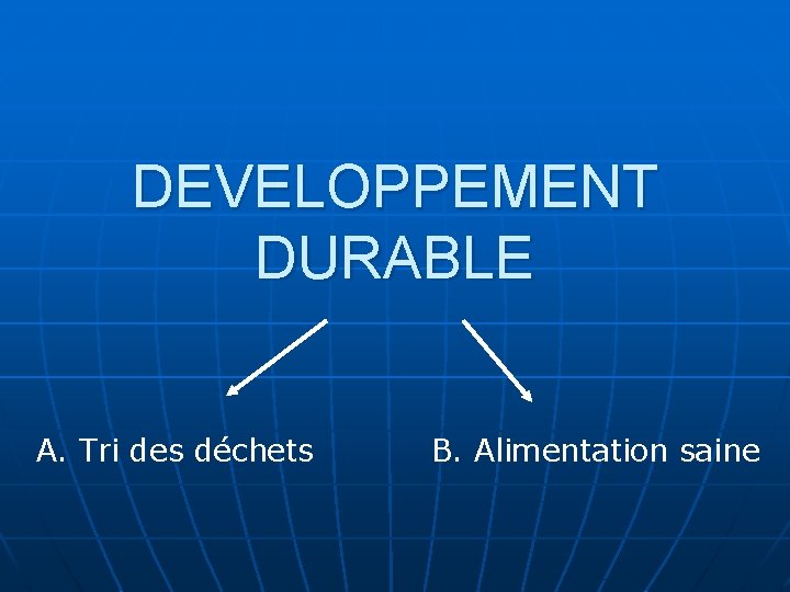 DEVELOPPEMENT DURABLE A. Tri des déchets B. Alimentation saine 