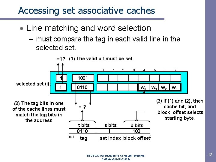 Accessing set associative caches Line matching and word selection – must compare the tag