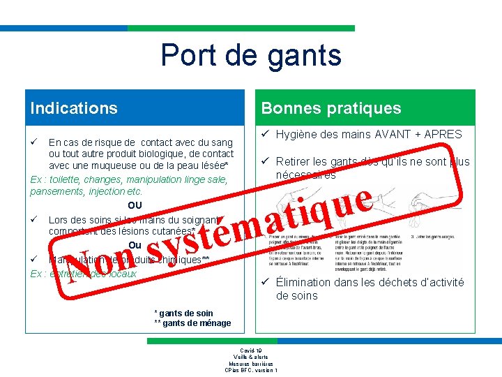 Port de gants Indications Bonnes pratiques ü En cas de risque de contact avec