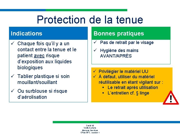 Protection de la tenue Indications Bonnes pratiques ü Chaque fois qu’il y a un