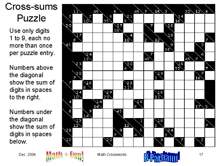 Cross-sums Puzzle Use only digits 1 to 9, each no more than once per