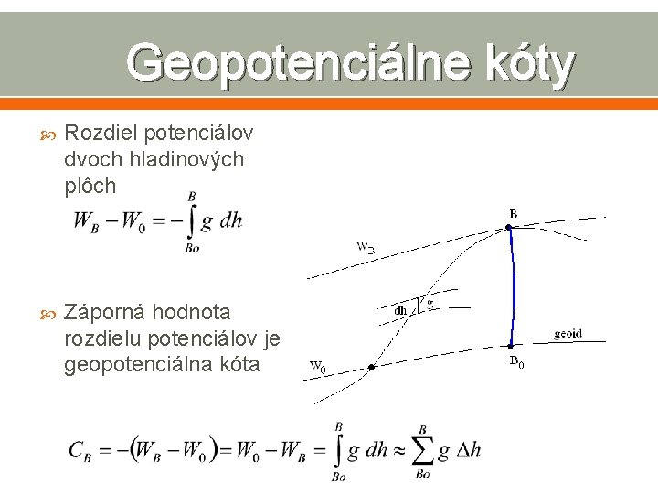 Geopotenciálne kóty Rozdiel potenciálov dvoch hladinových plôch Záporná hodnota rozdielu potenciálov je geopotenciálna kóta