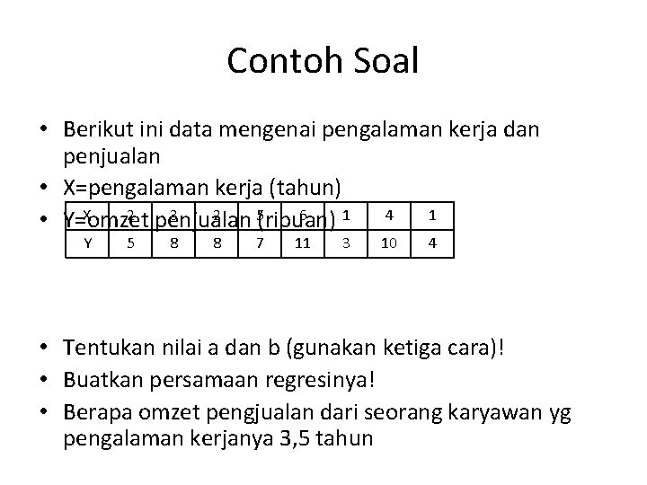 Contoh Soal • Berikut ini data mengenai pengalaman kerja dan penjualan • X=pengalaman kerja