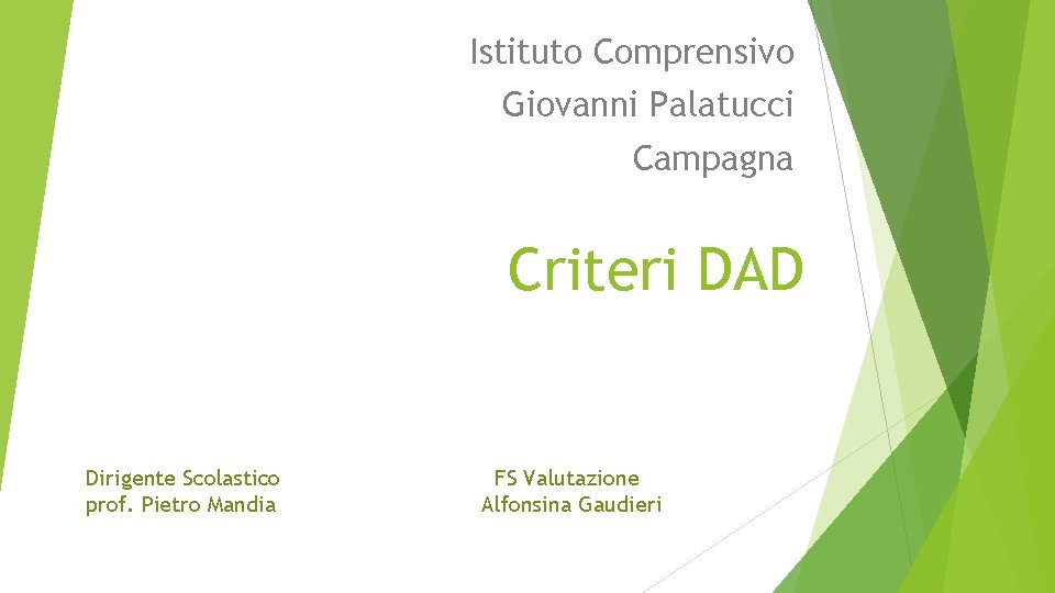 Istituto Comprensivo Giovanni Palatucci Campagna Criteri DAD Dirigente Scolastico prof. Pietro Mandia FS Valutazione