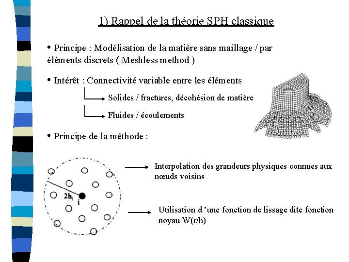 1) Rappel de la théorie SPH classique • Principe : Modélisation de la matière