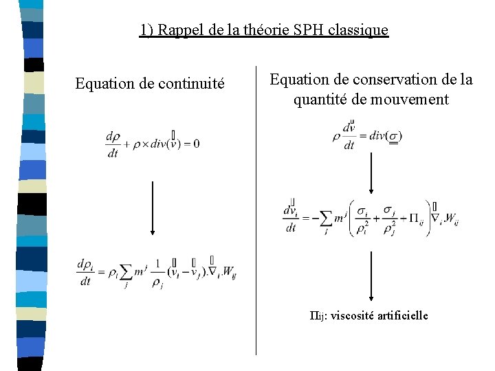 1) Rappel de la théorie SPH classique Equation de continuité Equation de conservation de