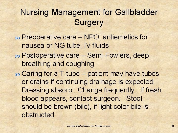 Nursing Management for Gallbladder Surgery Preoperative care – NPO, antiemetics for nausea or NG