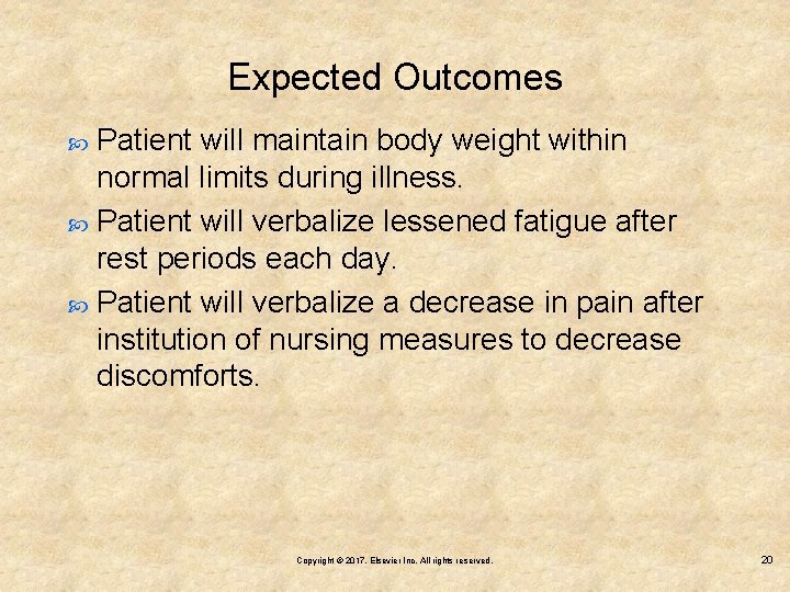 Expected Outcomes Patient will maintain body weight within normal limits during illness. Patient will