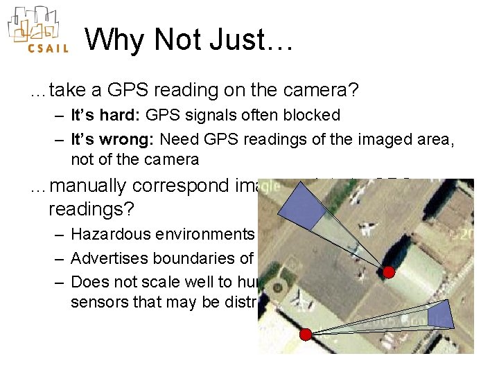 Why Not Just… …take a GPS reading on the camera? – It’s hard: GPS