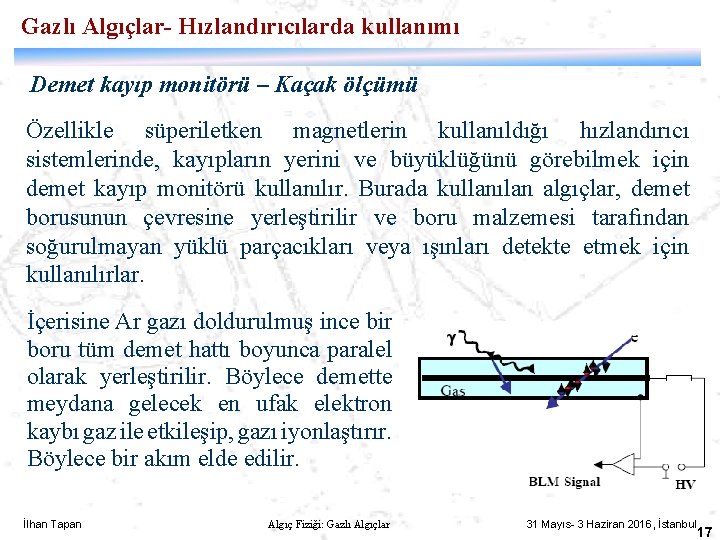 Gazlı Algıçlar- Hızlandırıcılarda kullanımı Demet kayıp monitörü – Kaçak ölçümü Özellikle süperiletken magnetlerin kullanıldığı