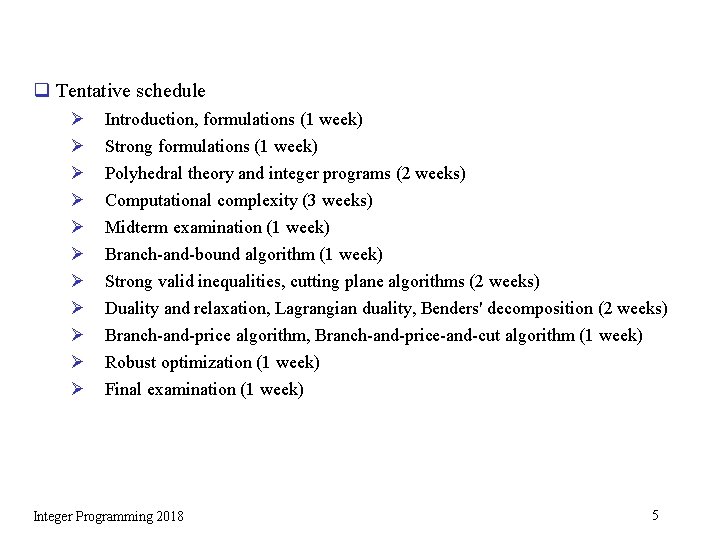 q Tentative schedule Ø Ø Ø Introduction, formulations (1 week) Strong formulations (1 week)