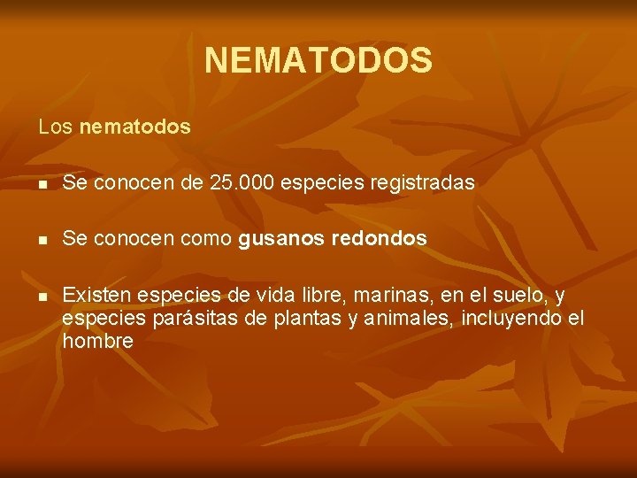 NEMATODOS Los nematodos n Se conocen de 25. 000 especies registradas n Se conocen