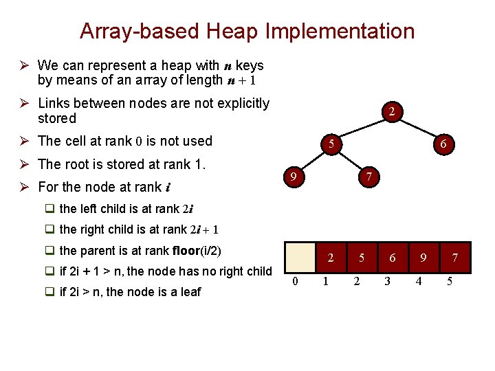 Array-based Heap Implementation Ø We can represent a heap with n keys by means