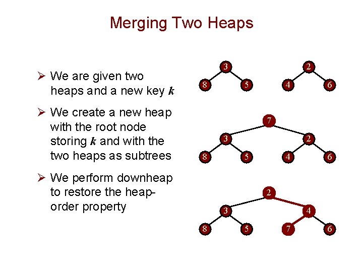 Merging Two Heaps Ø We are given two heaps and a new key k