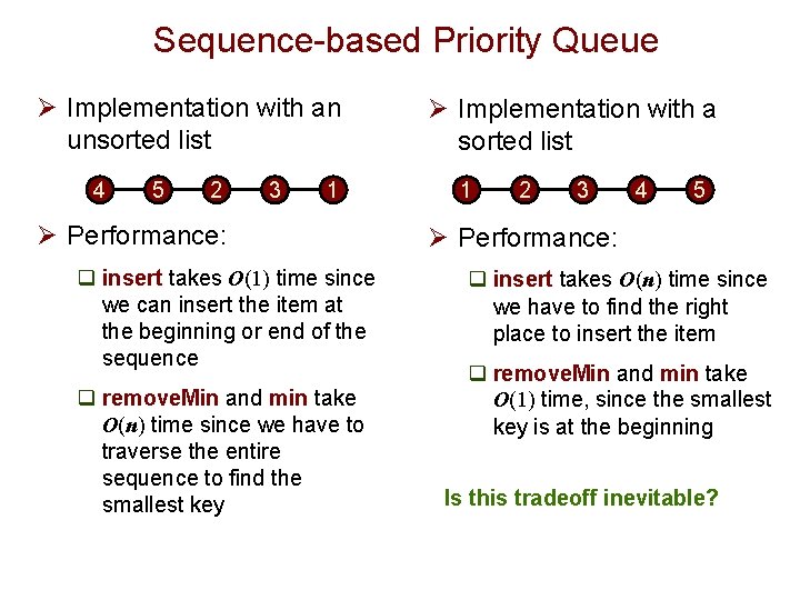 Sequence-based Priority Queue Ø Implementation with an unsorted list 4 5 2 3 1