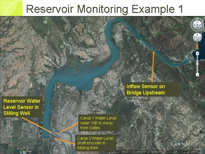 Reservoir Monitoring Example 1 Inflow Sensor on Bridge Upstream Reservoir Water Level Sensor in