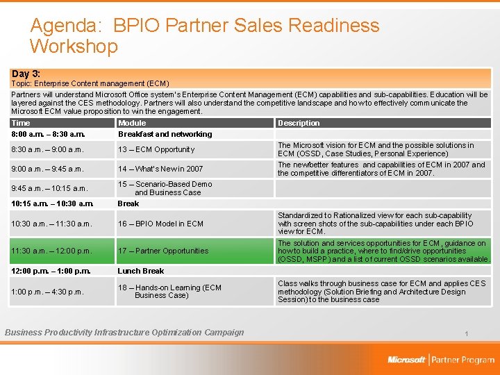 Agenda: BPIO Partner Sales Readiness Workshop Day 3: Topic: Enterprise Content management (ECM) Partners