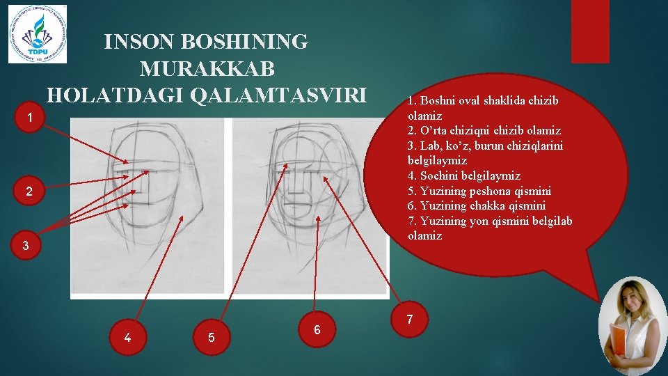 INSON BOSHINING MURAKKAB HOLATDAGI QALAMTASVIRI 1. Boshni oval shaklida chizib olamiz 2. O’rta chiziqni