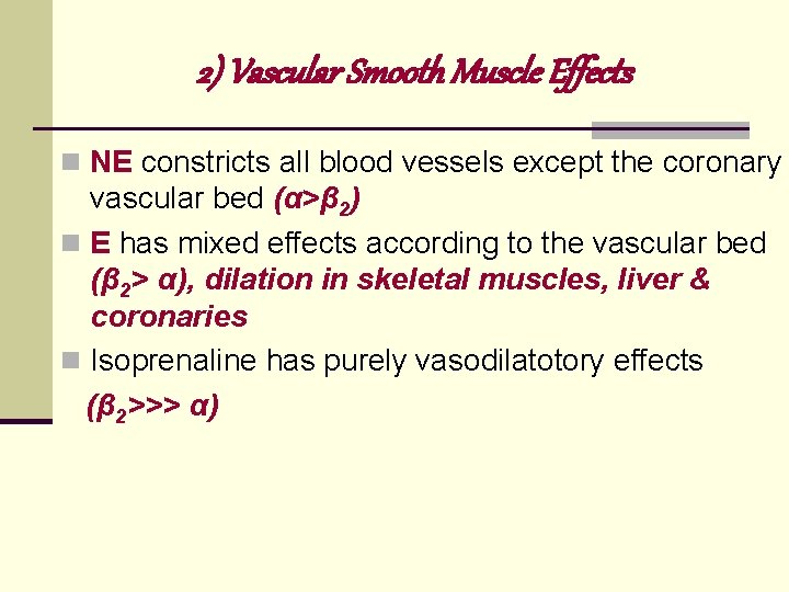 2) Vascular Smooth Muscle Effects n NE constricts all blood vessels except the coronary