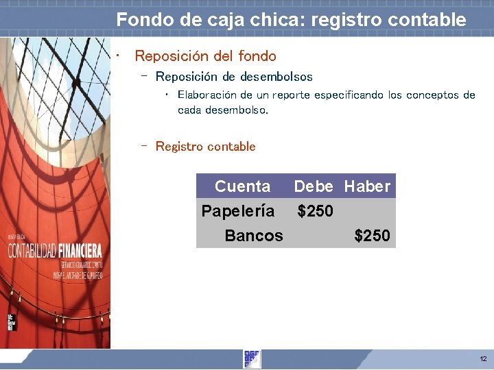 Fondo de caja chica: registro contable • Reposición del fondo – Reposición de desembolsos Fondo de caja chica: registro contable • Reposición del fondo – Reposición de desembolsos