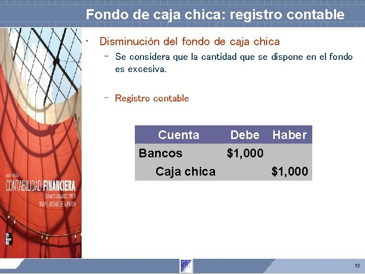 Fondo de caja chica: registro contable • Disminución del fondo de caja chica – Fondo de caja chica: registro contable • Disminución del fondo de caja chica –