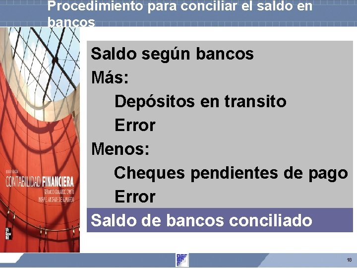 Procedimiento para conciliar el saldo en bancos Saldo según bancos Más: Depósitos en transito Procedimiento para conciliar el saldo en bancos Saldo según bancos Más: Depósitos en transito