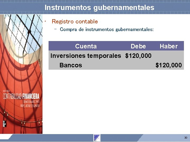 Instrumentos gubernamentales • Registro contable – Compra de instrumentos gubernamentales: Cuenta Debe Haber Inversiones Instrumentos gubernamentales • Registro contable – Compra de instrumentos gubernamentales: Cuenta Debe Haber Inversiones