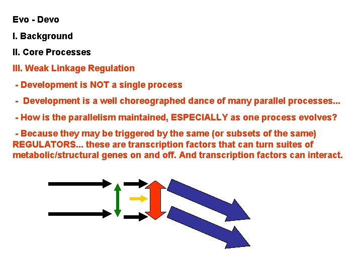 Evo - Devo I. Background II. Core Processes III. Weak Linkage Regulation - Development