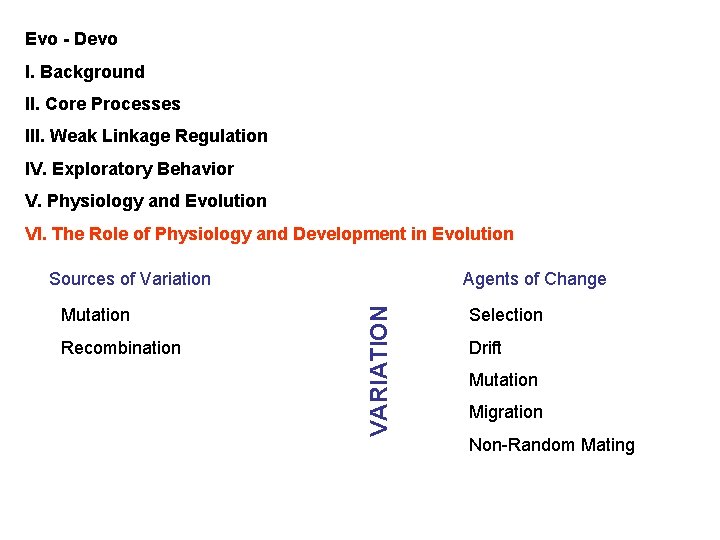 Evo - Devo I. Background II. Core Processes III. Weak Linkage Regulation IV. Exploratory