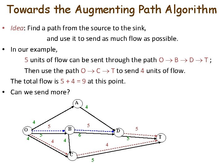 Towards the Augmenting Path Algorithm • Idea: Find a path from the source to