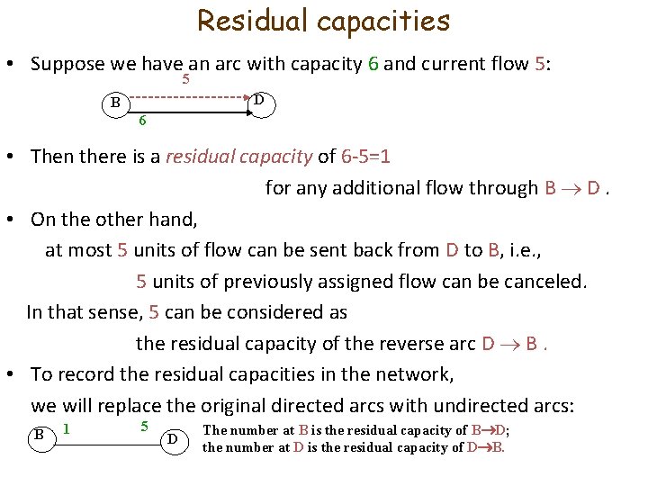 Residual capacities • Suppose we have an arc with capacity 6 and current flow