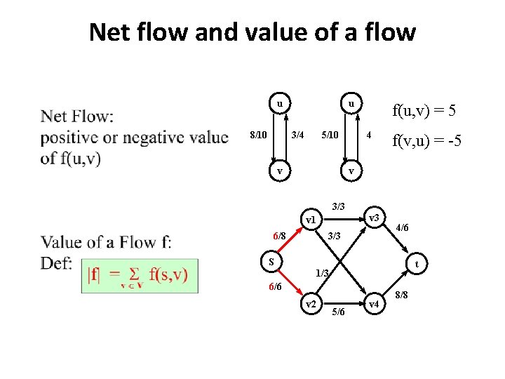 Net flow and value of a flow u 8/10 u 3/4 5/10 v f(u,