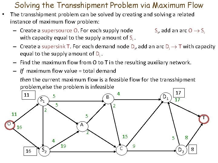 Solving the Transshipment Problem via Maximum Flow • The transshipment problem can be solved